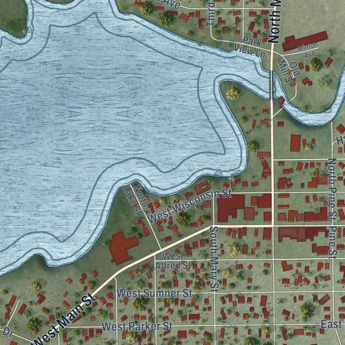 Close-up of the map of Weyauwega, Wisconsin print showing street and building detail