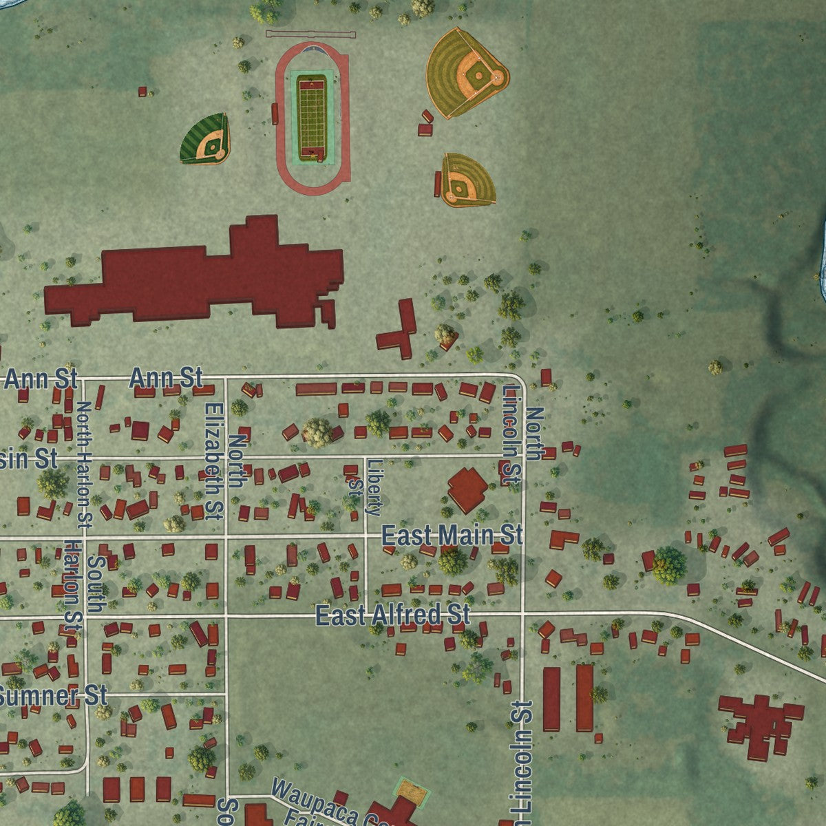 Second close-up of the map of Weyauwega, Wisconsin print showing more streets and buildings