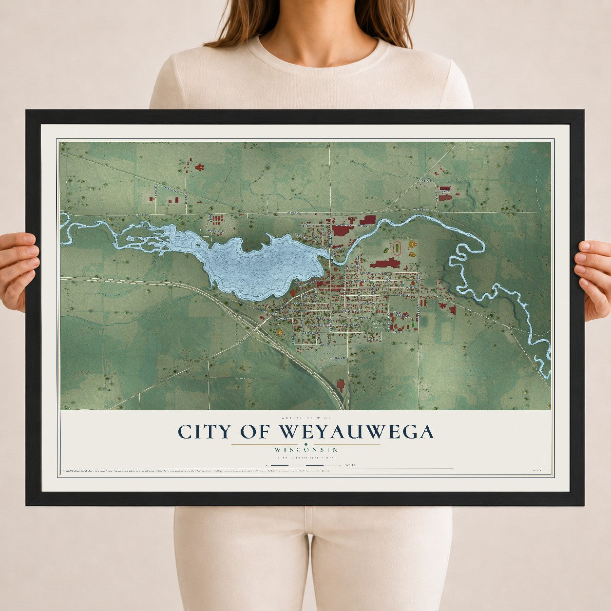 Map of Weyauwega, Wisconsin, 18 x 24 inch print in a black wood frame