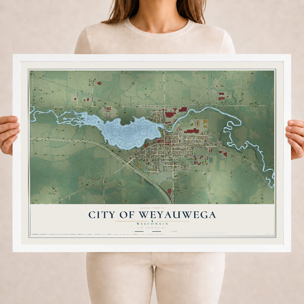 Map of Weyauwega, Wisconsin, 18 x 24 inch print in a white wood frame
