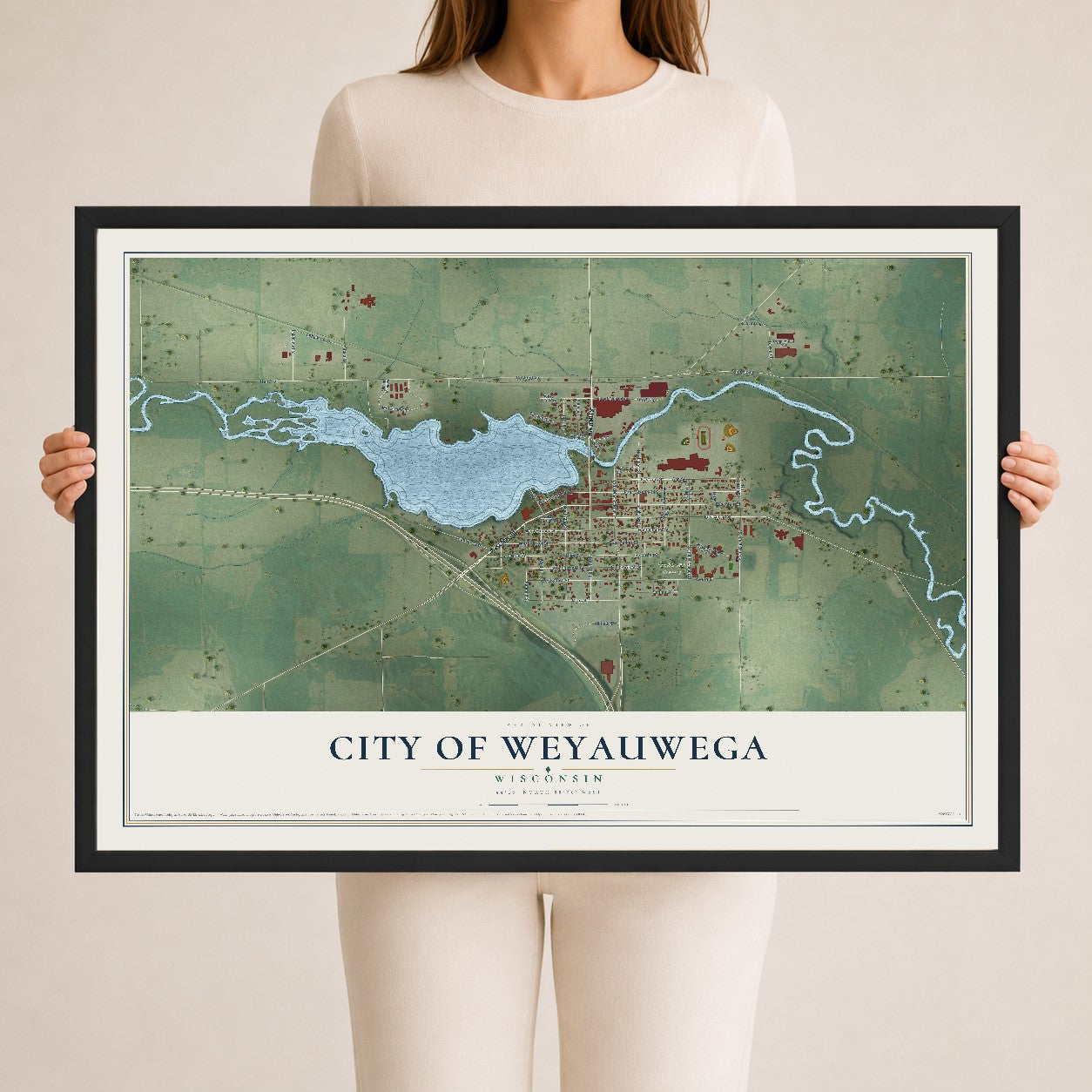 Map of Weyauwega, Wisconsin, 24 x 36 inch print in a black wood frame
