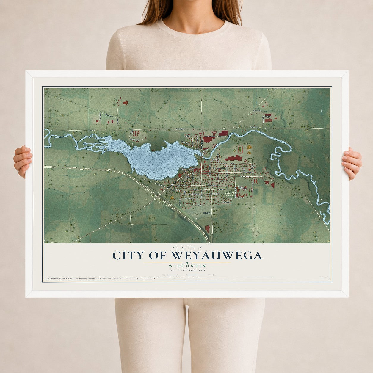 Map of Weyauwega, Wisconsin, 24 x 36 inch print in a white wood frame