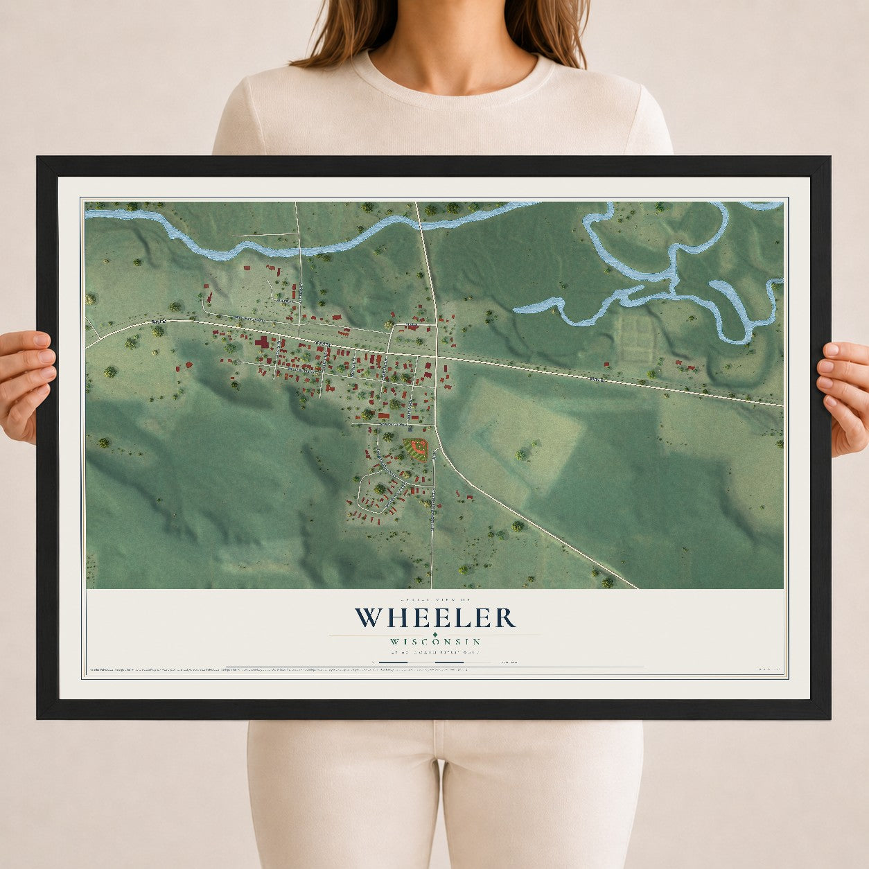 Map of Wheeler, Wisconsin, 18 x 24 inch print in a black wood frame