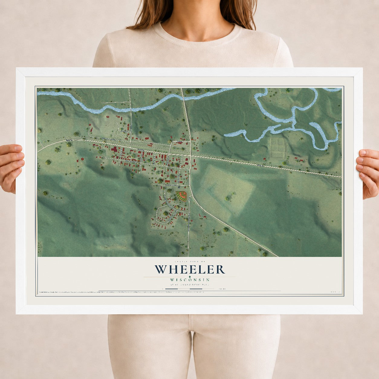 Map of Wheeler, Wisconsin, 18 x 24 inch print in a white wood frame