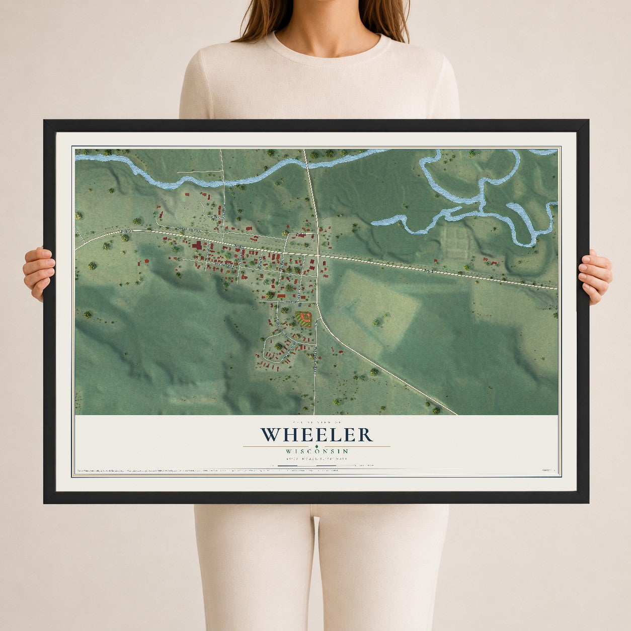 Map of Wheeler, Wisconsin, 24 x 36 inch print in a black wood frame