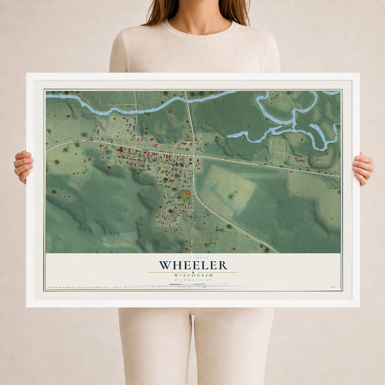 Map of Wheeler, Wisconsin, 24 x 36 inch print in a white wood frame