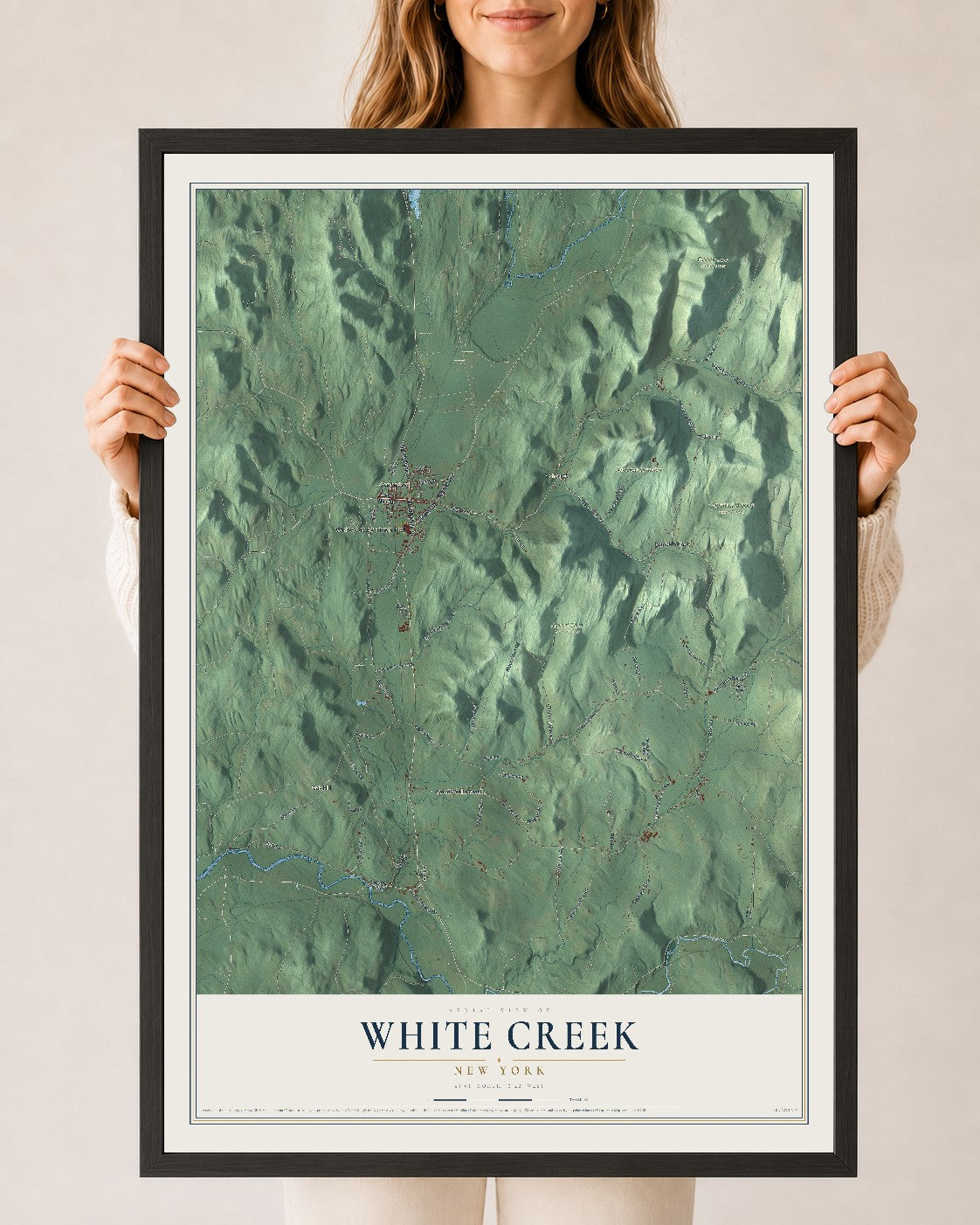Map of White Creek, New York, 24 x 36 inch print in a black wood frame