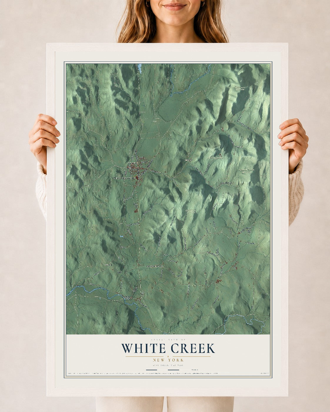 Map of White Creek, New York, 24 x 36 inch print in a white wood frame
