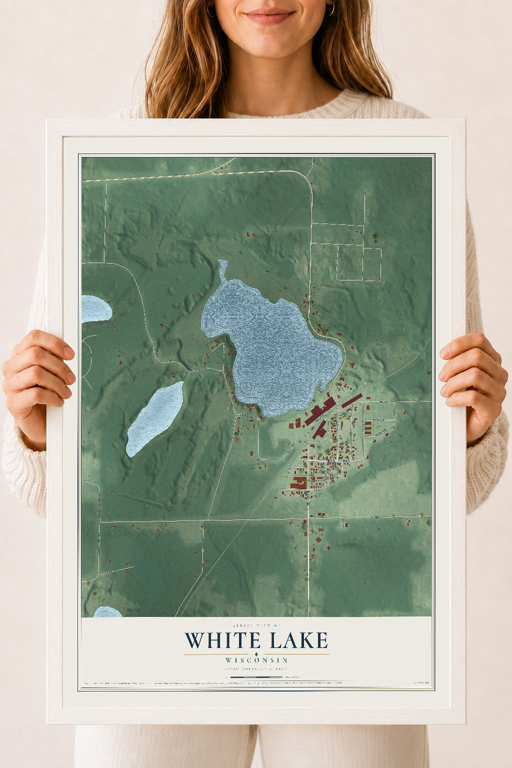 Map of White Lake, Wisconsin, 18 x 24 inch print in a white wood frame