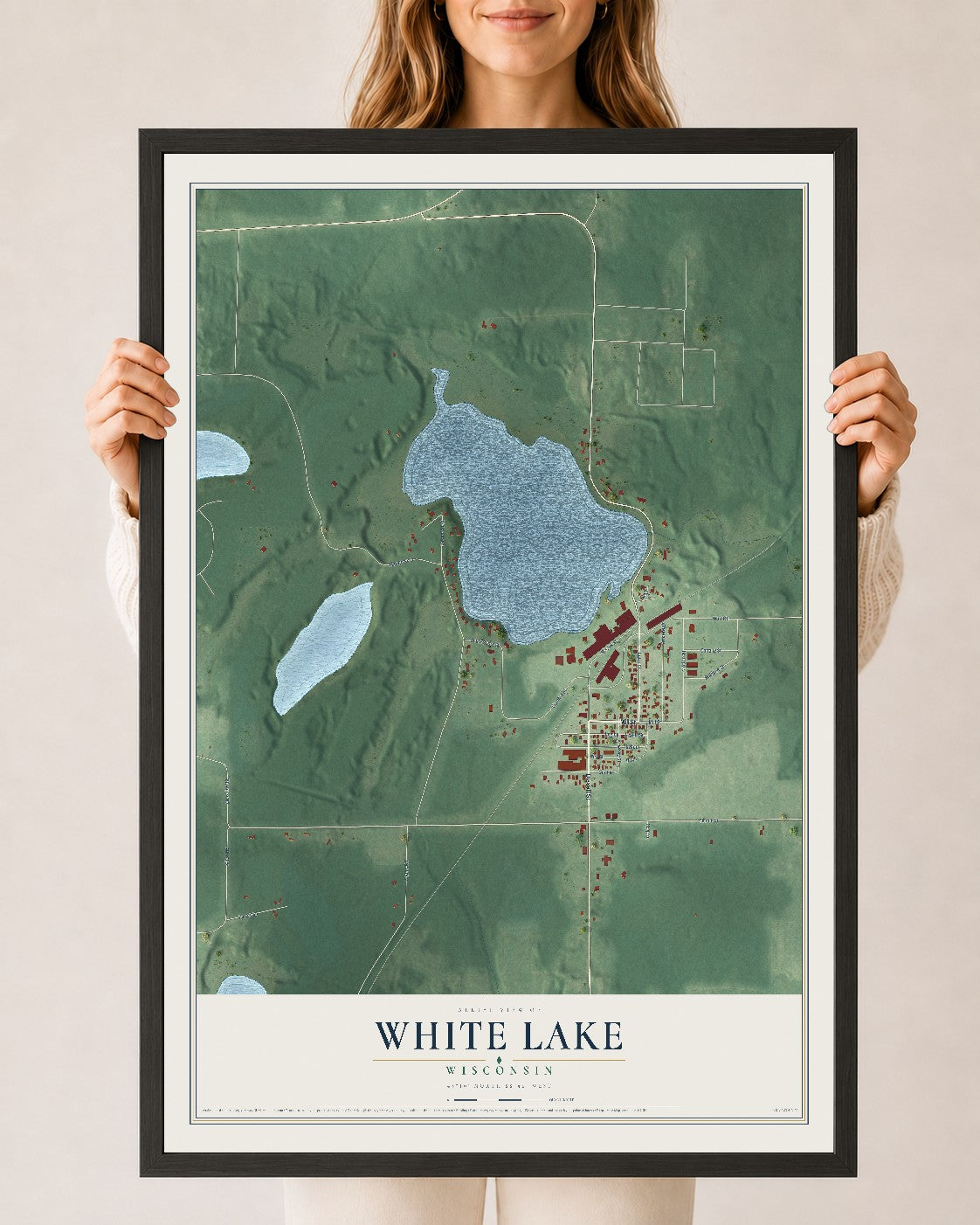 Map of White Lake, Wisconsin, 24 x 36 inch print in a black wood frame