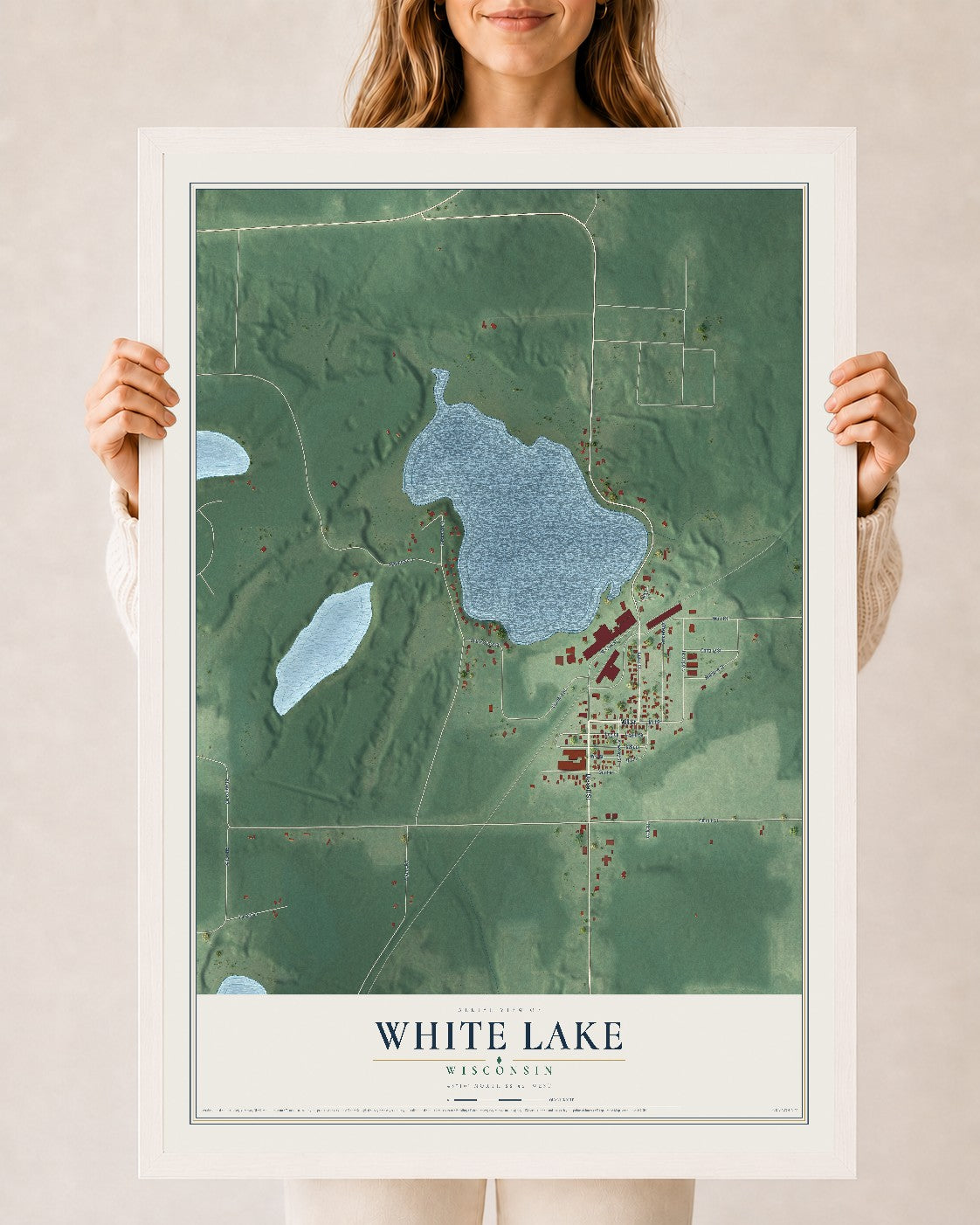 Map of White Lake, Wisconsin, 24 x 36 inch print in a white wood frame