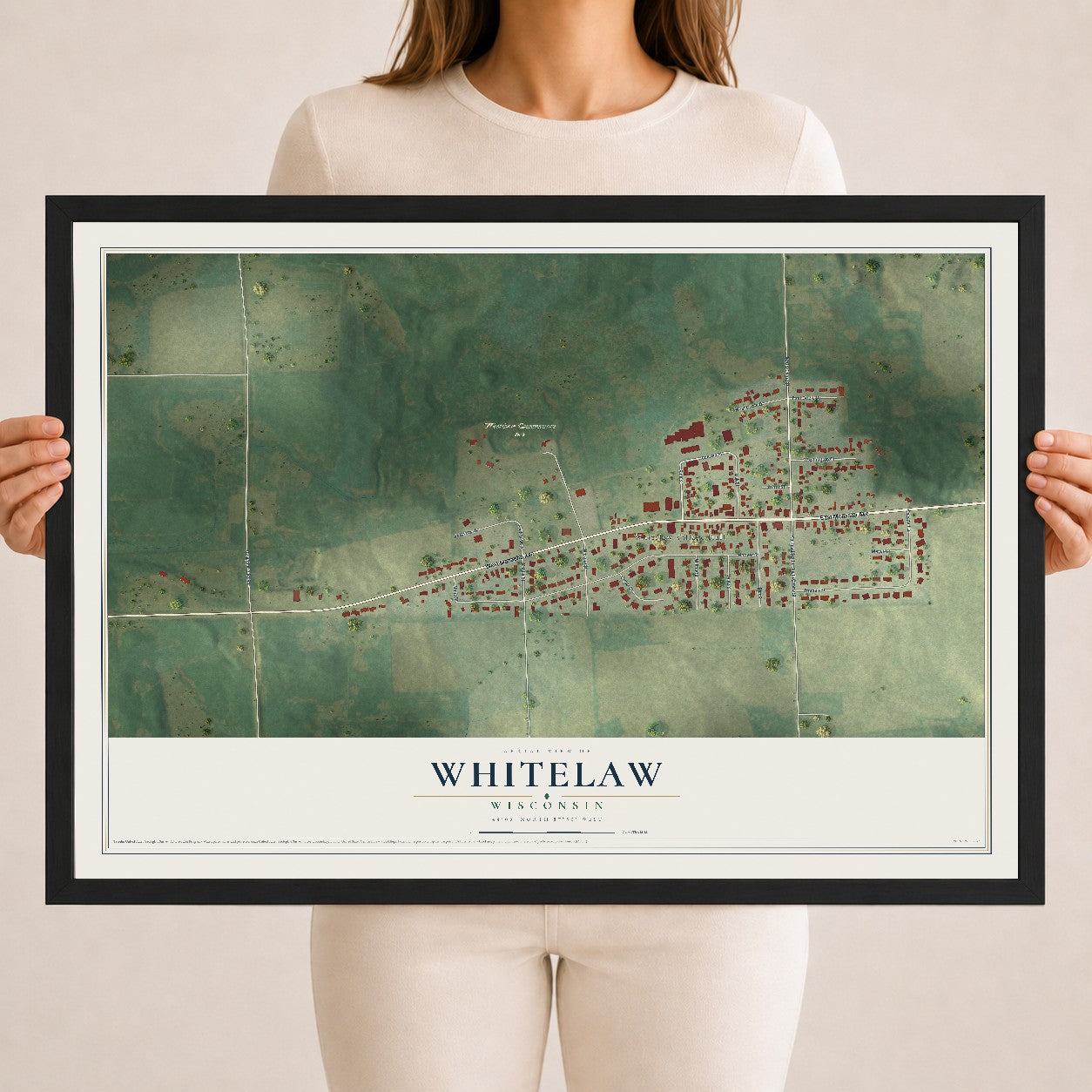 Map of Whitelaw, Wisconsin, 18 x 24 inch print in a black wood frame