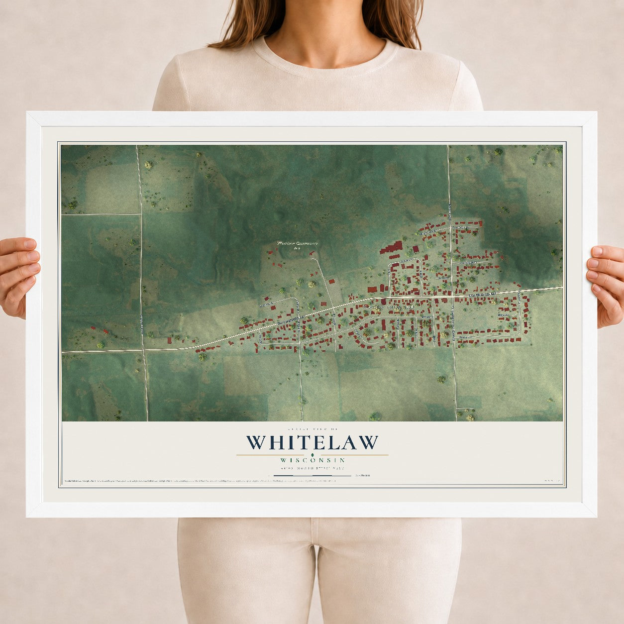Map of Whitelaw, Wisconsin, 18 x 24 inch print in a white wood frame