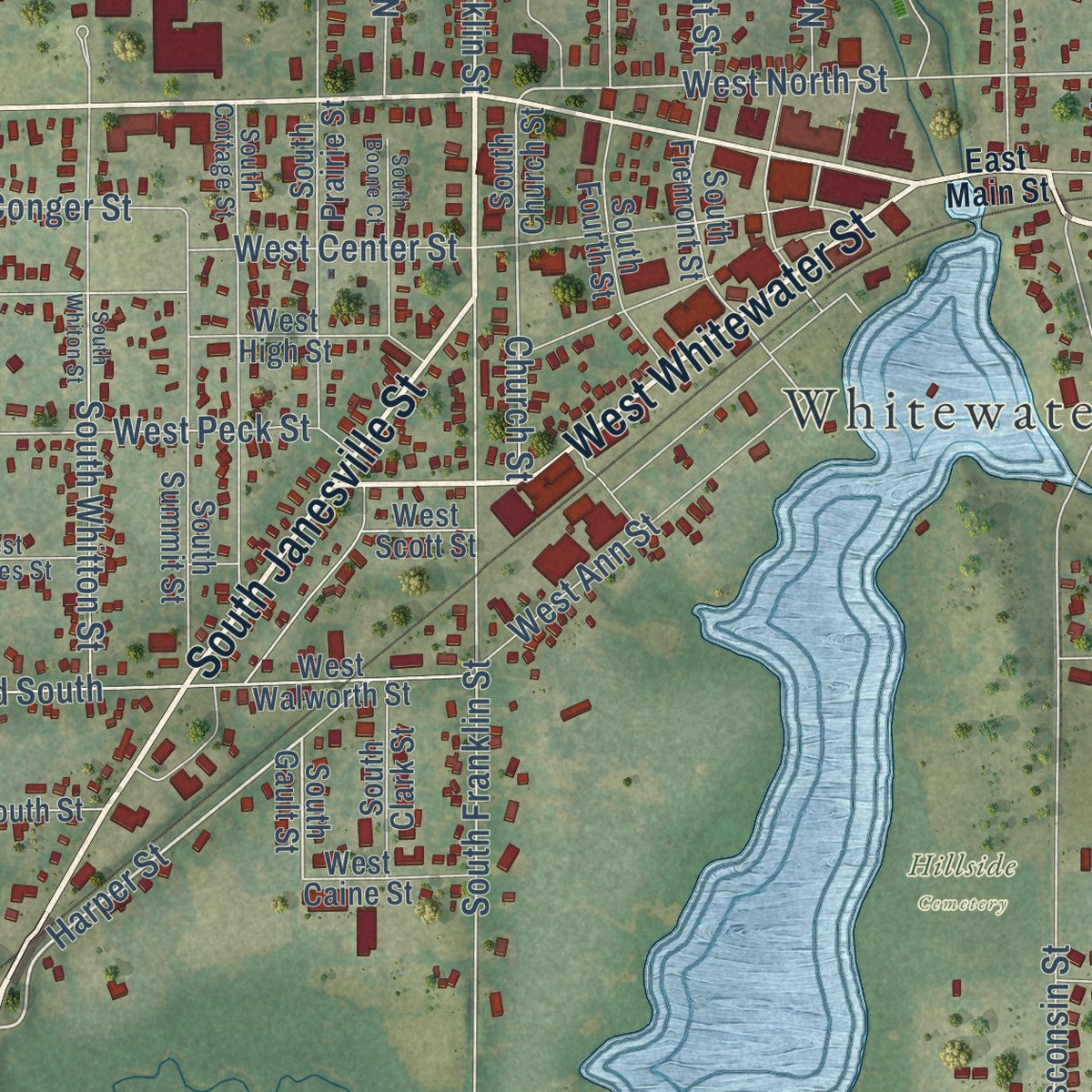 Close-up of the map of Whitewater, Wisconsin print showing street and building detail