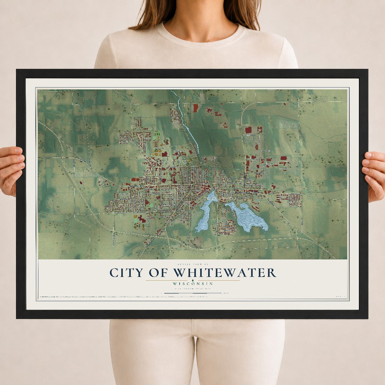 Map of Whitewater, Wisconsin, 18 x 24 inch print in a black wood frame