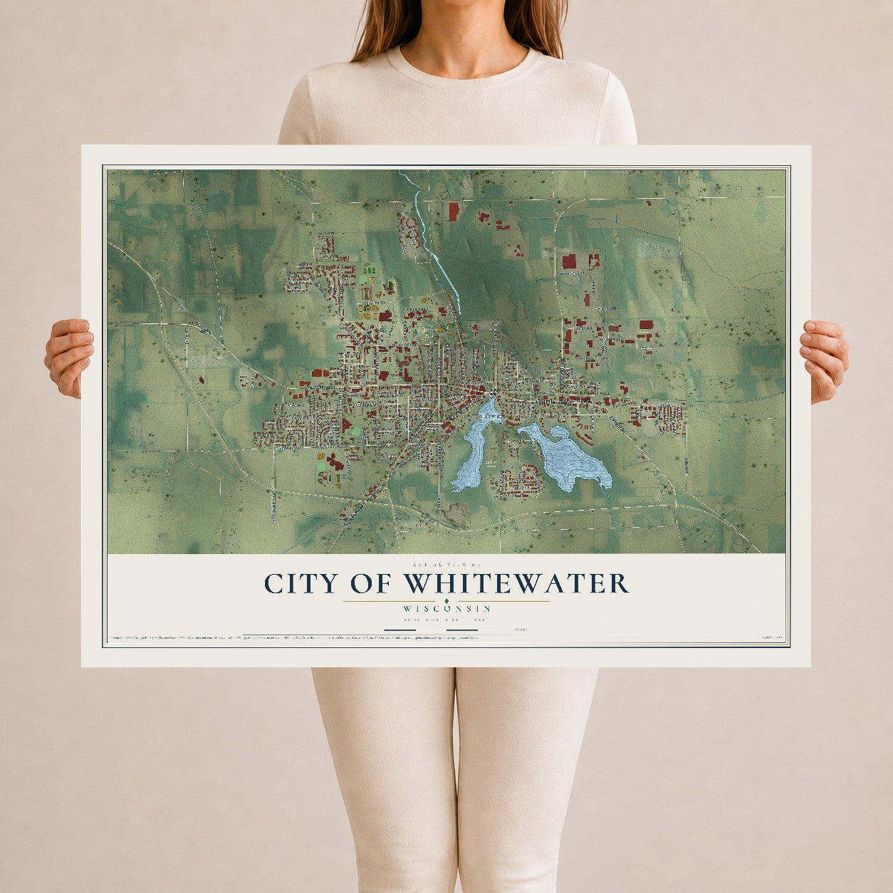 Map of Whitewater, Wisconsin, 24 x 36 inch unframed archival matte print