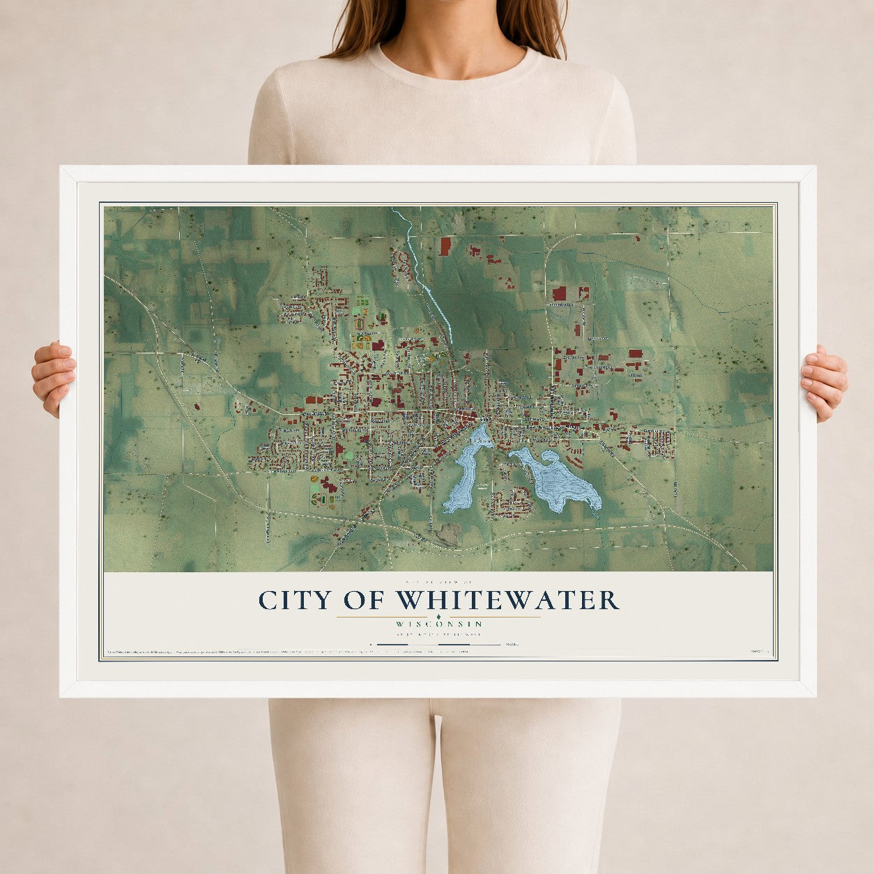 Map of Whitewater, Wisconsin, 24 x 36 inch print in a white wood frame