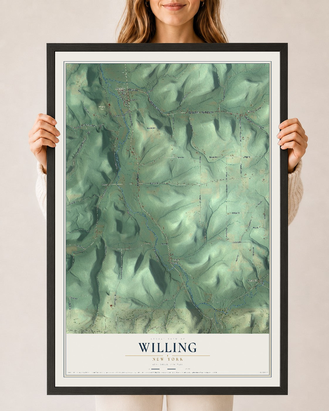Map of Willing, New York, 24 x 36 inch print in a black wood frame