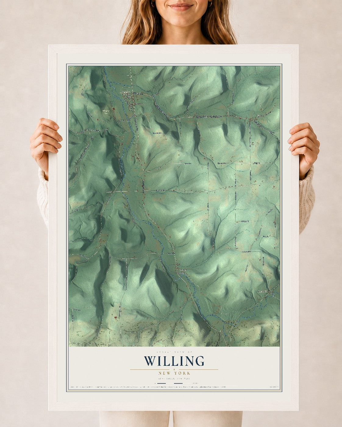Map of Willing, New York, 24 x 36 inch print in a white wood frame