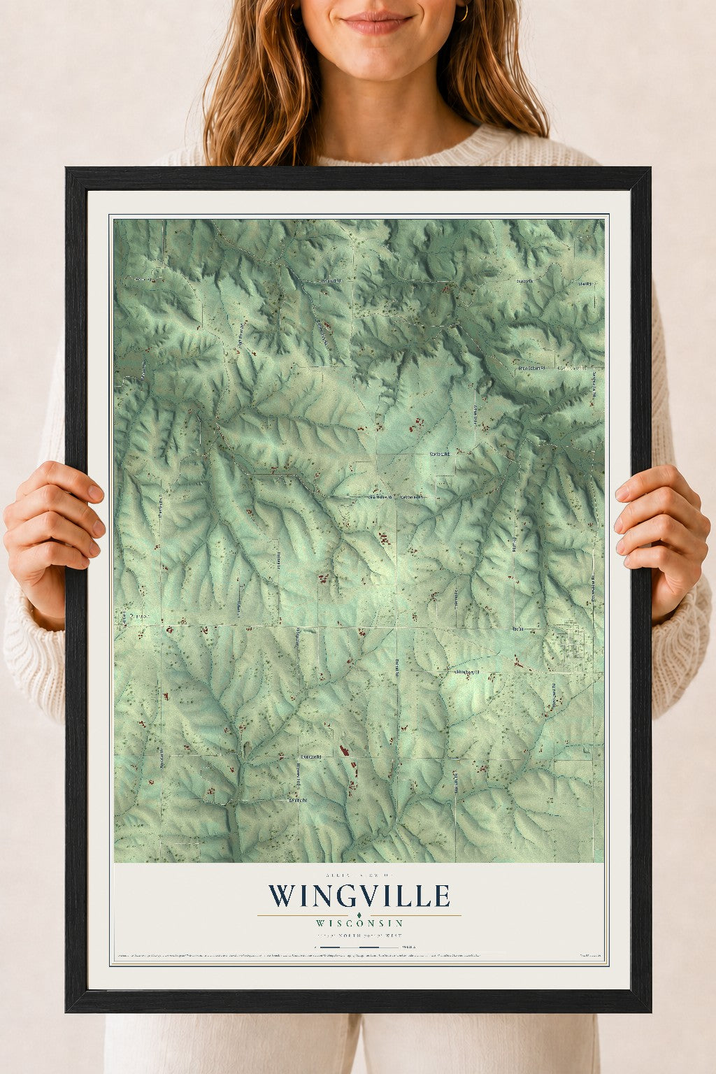 Map of Wingville, Wisconsin, 18 x 24 inch print in a black wood frame