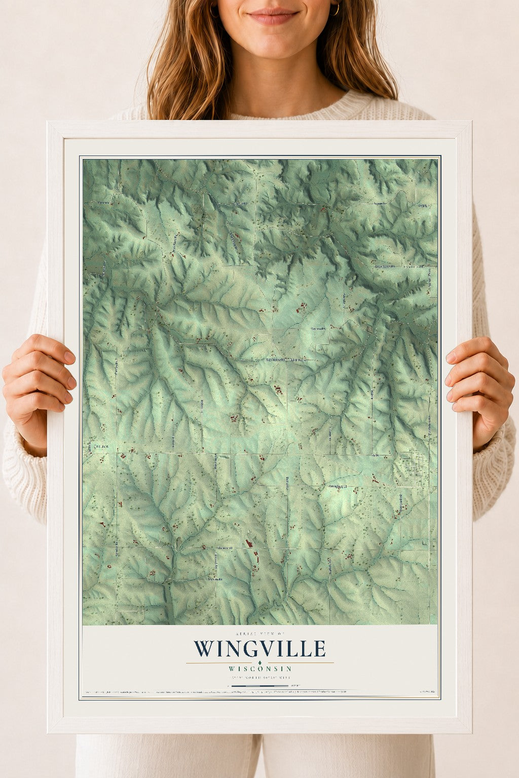Map of Wingville, Wisconsin, 18 x 24 inch print in a white wood frame