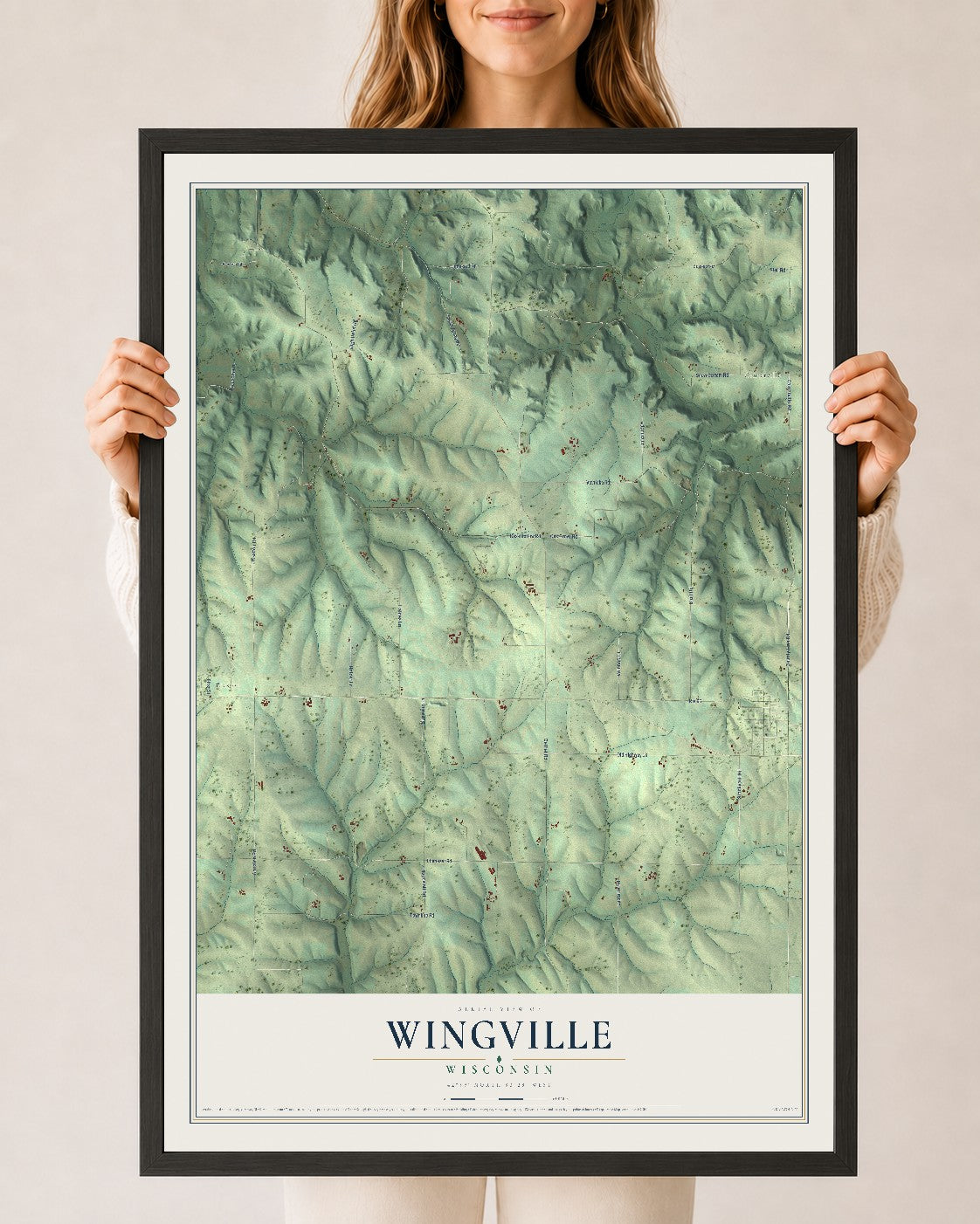 Map of Wingville, Wisconsin, 24 x 36 inch print in a black wood frame