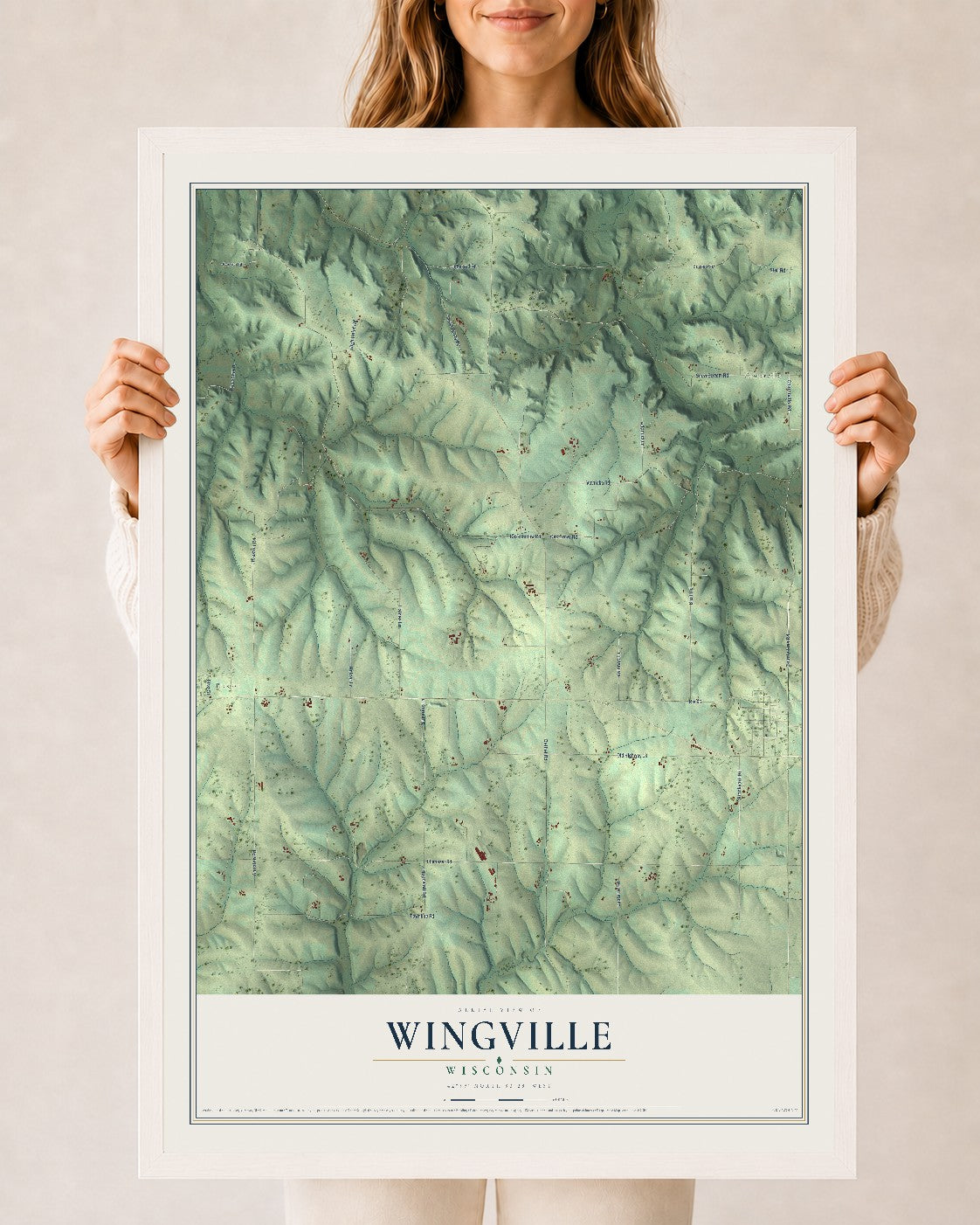 Map of Wingville, Wisconsin, 24 x 36 inch print in a white wood frame