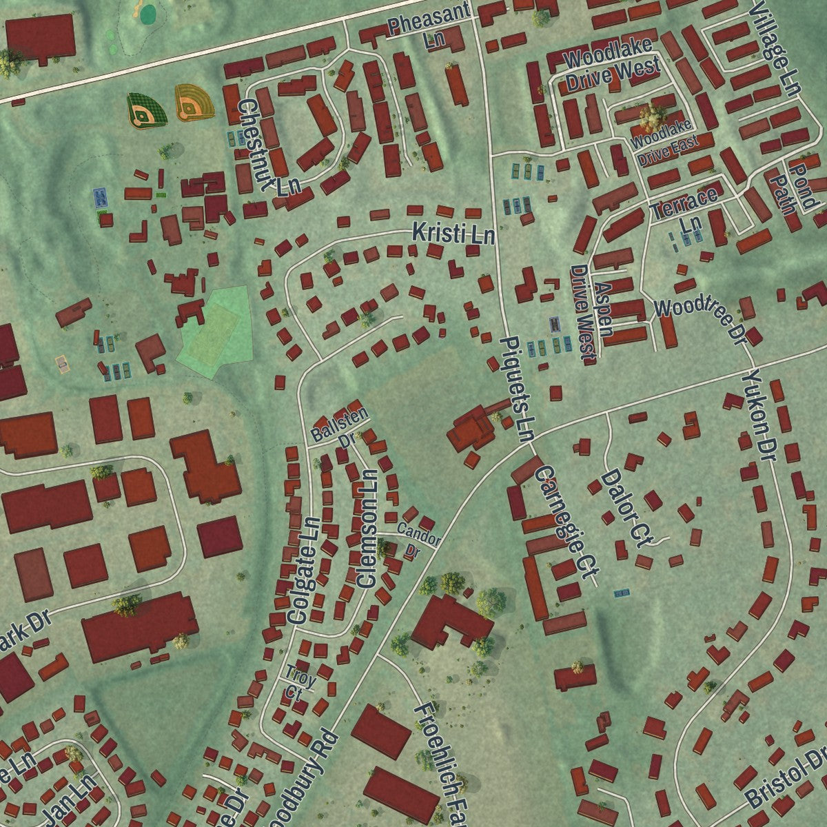 Close-up of the map of Woodbury, Nassau County, New York print showing street and building detail