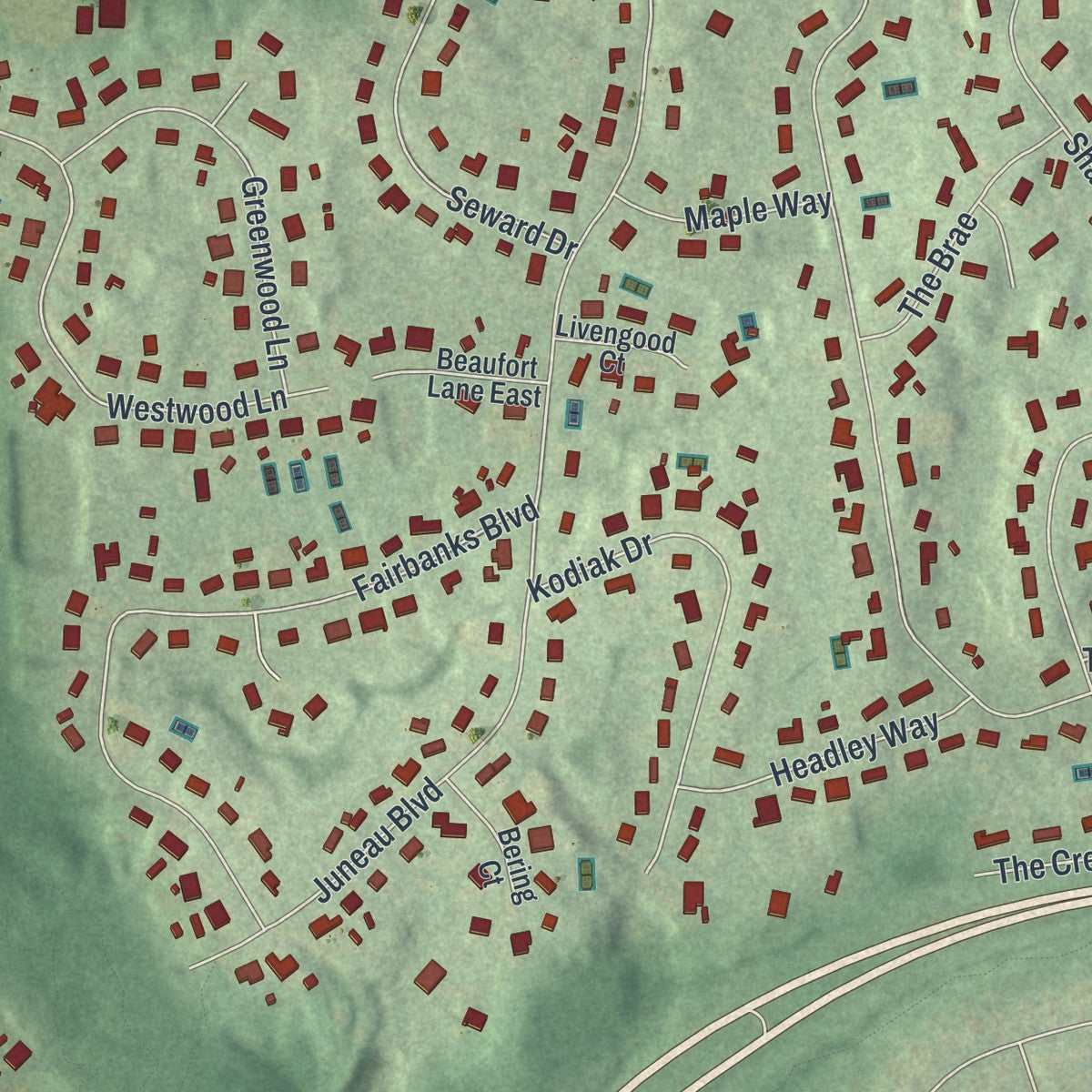 Second close-up of the map of Woodbury, Nassau County, New York print showing more streets and buildings