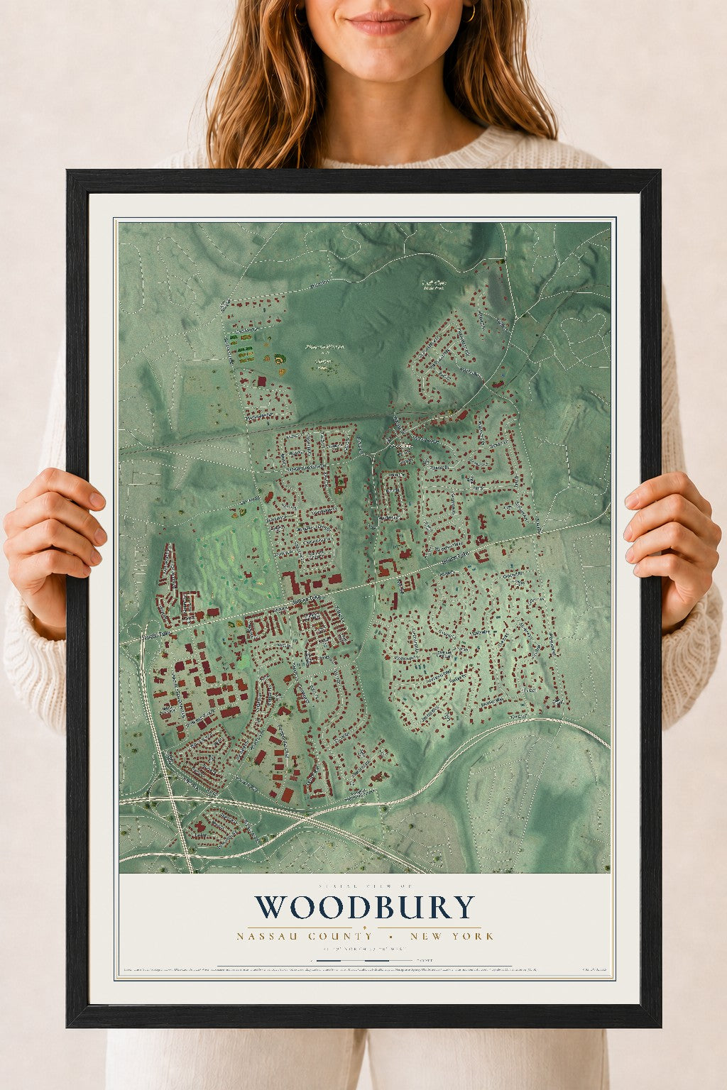 Map of Woodbury, Nassau County, New York, 18 x 24 inch print in a black wood frame