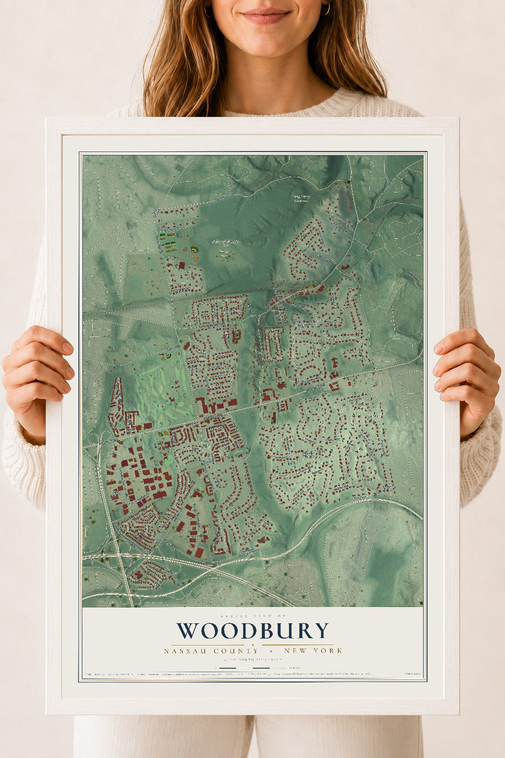 Map of Woodbury, Nassau County, New York, 18 x 24 inch print in a white wood frame