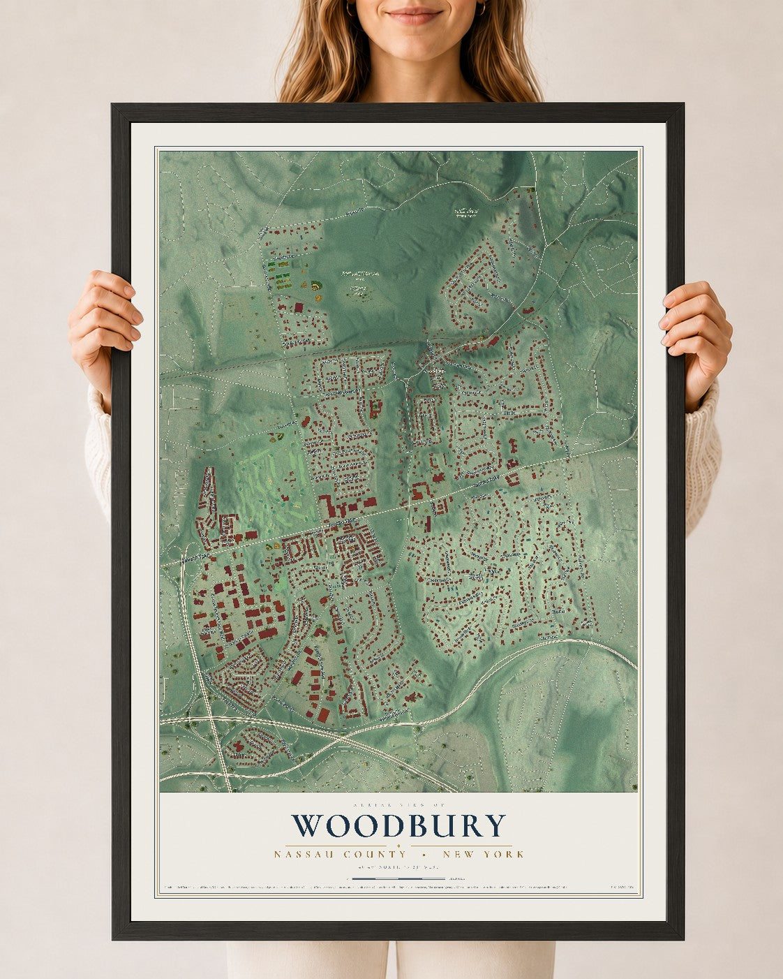 Map of Woodbury, Nassau County, New York, 24 x 36 inch print in a black wood frame