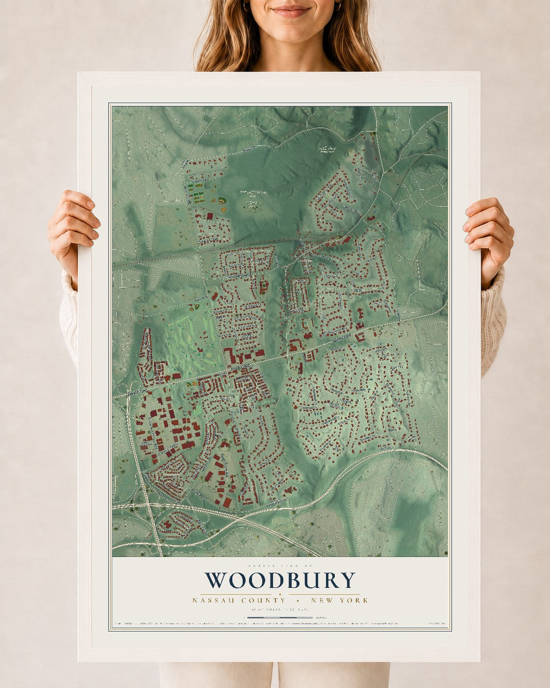 Map of Woodbury, Nassau County, New York, 24 x 36 inch print in a white wood frame