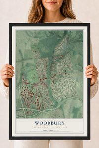 Map of Woodbury, Nassau County, New York, 18 x 24 inch print in a black wood frame