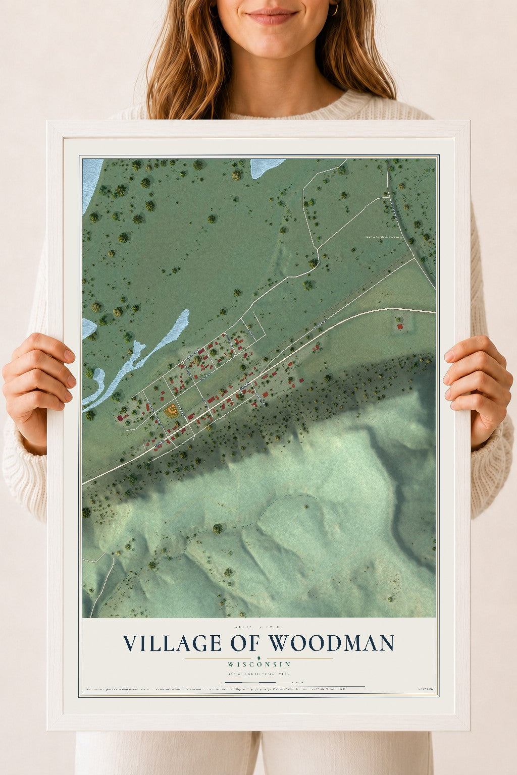 Map of Woodman, Wisconsin, 18 x 24 inch print in a white wood frame