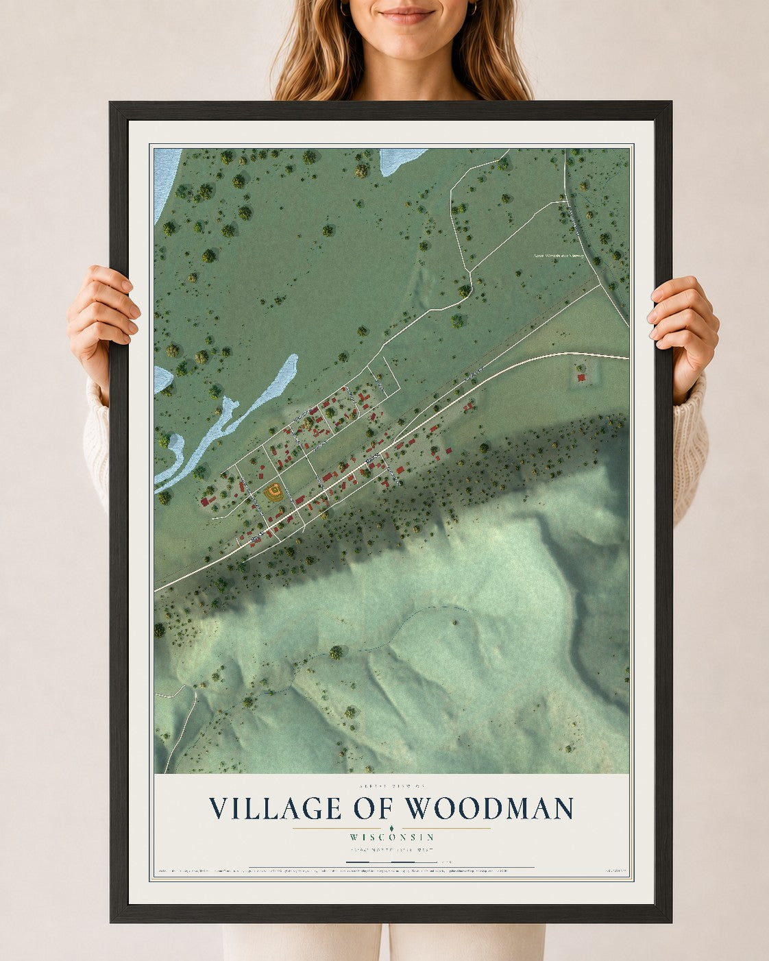 Map of Woodman, Wisconsin, 24 x 36 inch print in a black wood frame