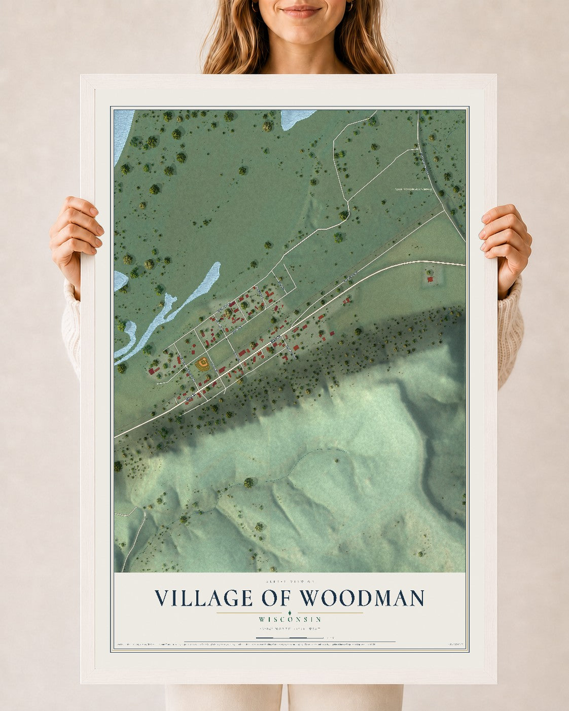 Map of Woodman, Wisconsin, 24 x 36 inch print in a white wood frame