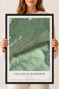 Map of Woodman, Wisconsin, 18 x 24 inch print in a black wood frame
