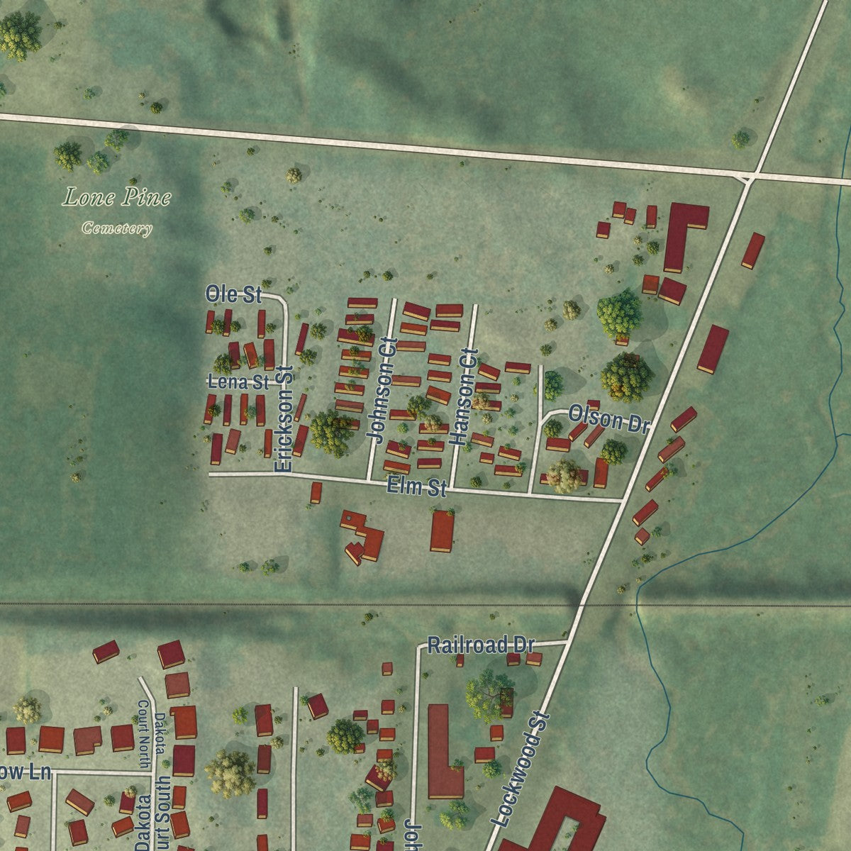 Second close-up of the map of Woodville, St. Croix County, Wisconsin print showing more streets and buildings