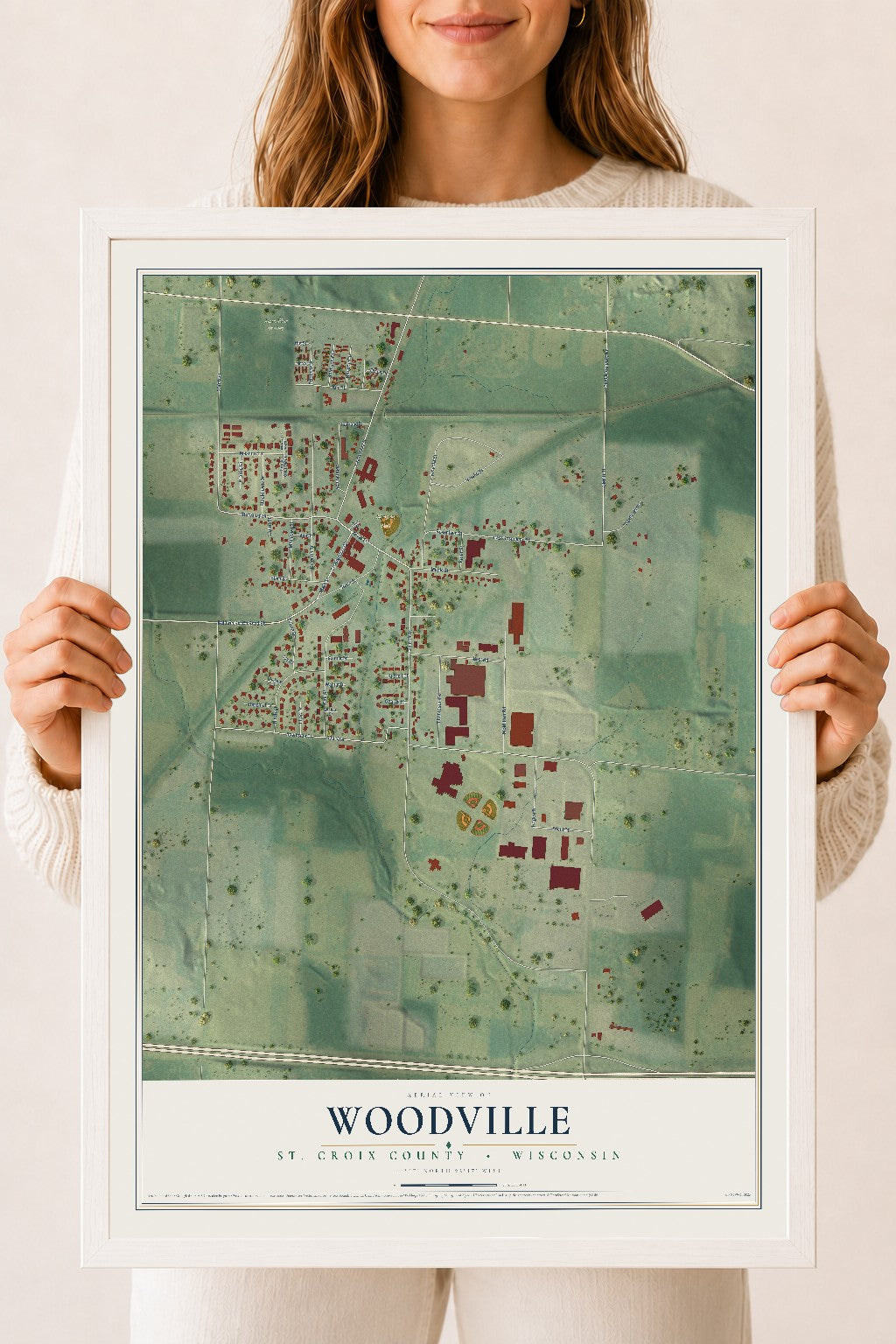 Map of Woodville, St. Croix County, Wisconsin, 18 x 24 inch print in a white wood frame