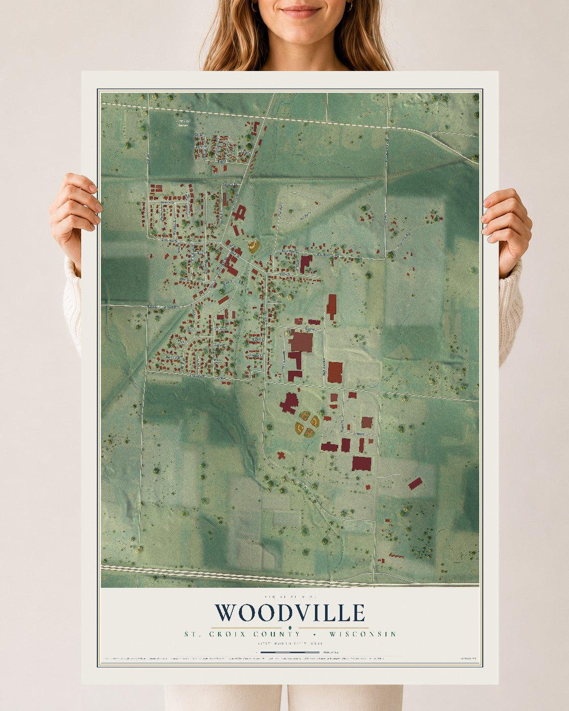 Map of Woodville, St. Croix County, Wisconsin, 24 x 36 inch unframed archival matte print
