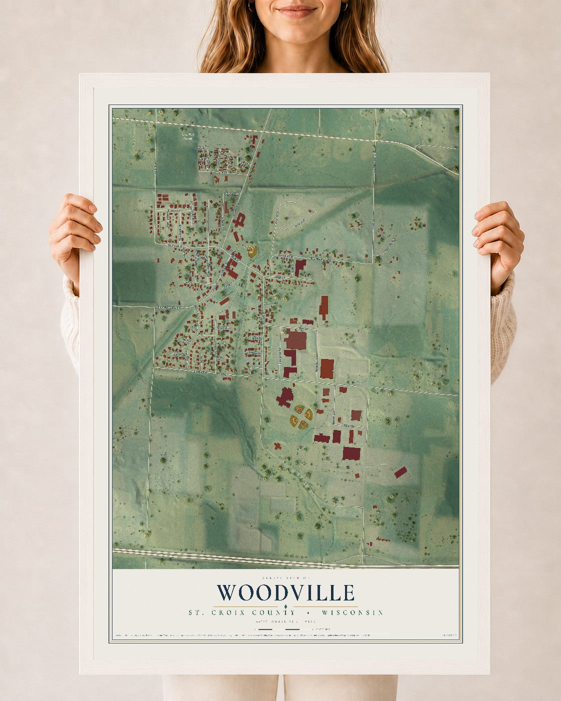 Map of Woodville, St. Croix County, Wisconsin, 24 x 36 inch print in a white wood frame