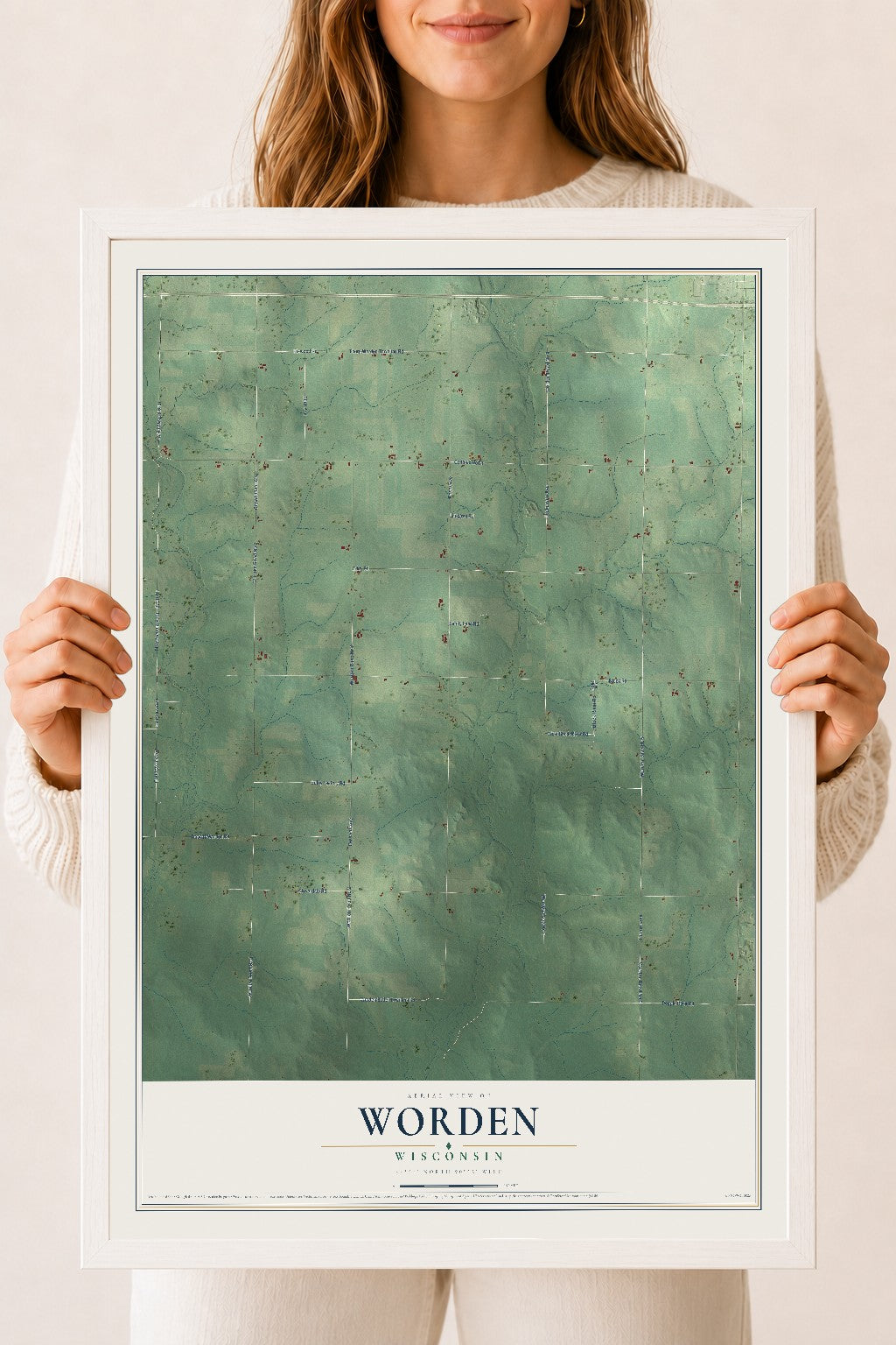 Map of Worden, Wisconsin, 18 x 24 inch print in a white wood frame