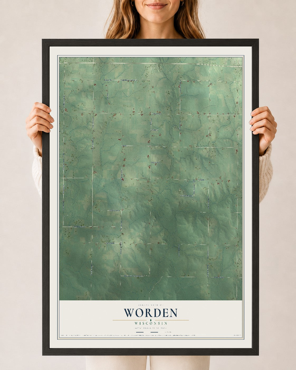 Map of Worden, Wisconsin, 24 x 36 inch print in a black wood frame