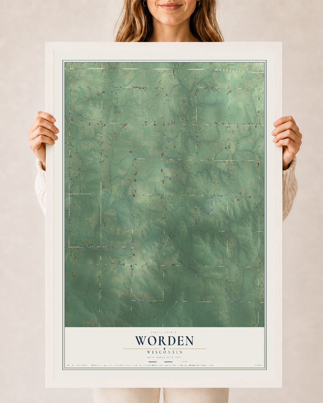 Map of Worden, Wisconsin, 24 x 36 inch print in a white wood frame