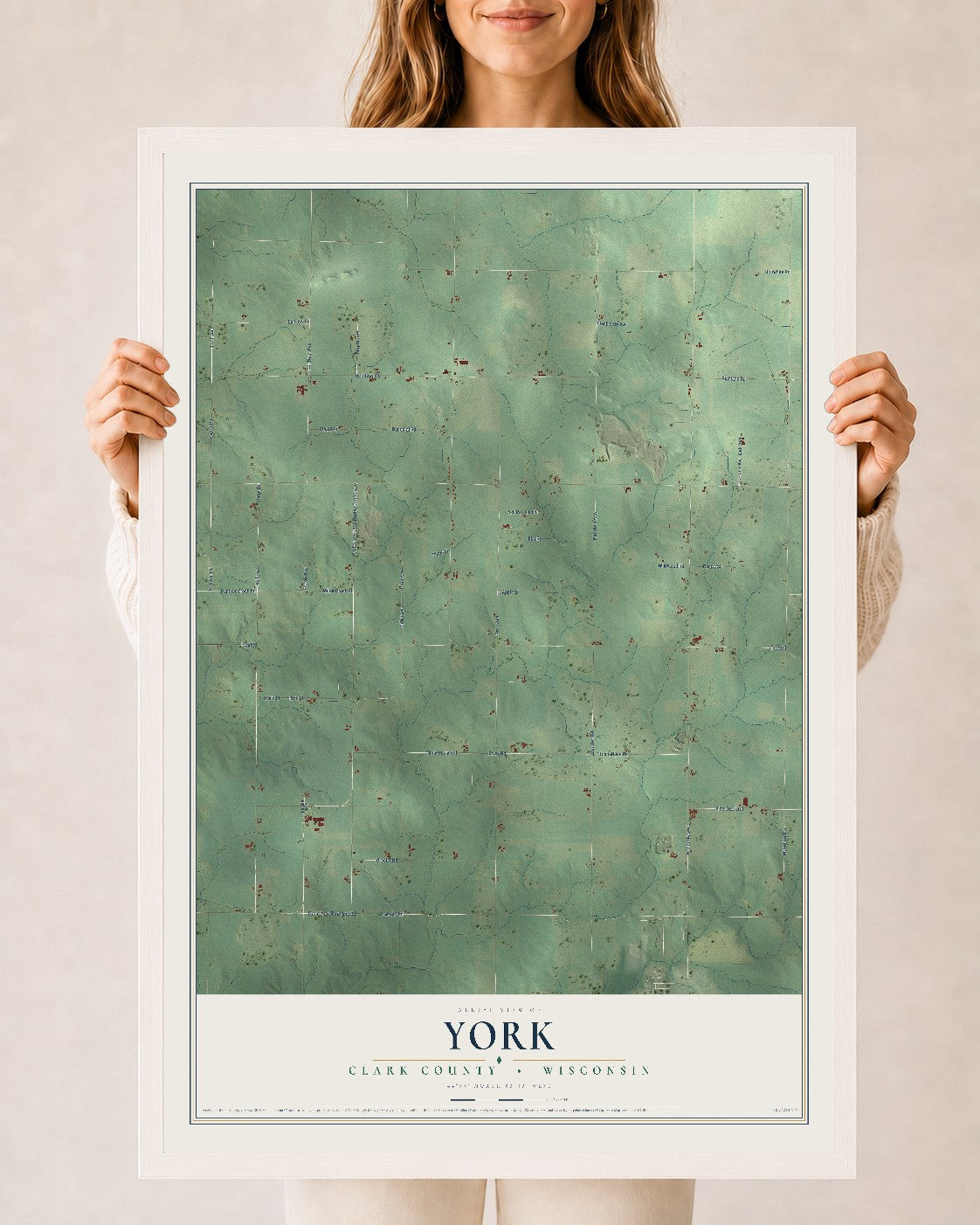 Map of York, Clark County, Wisconsin, 24 x 36 inch print in a white wood frame