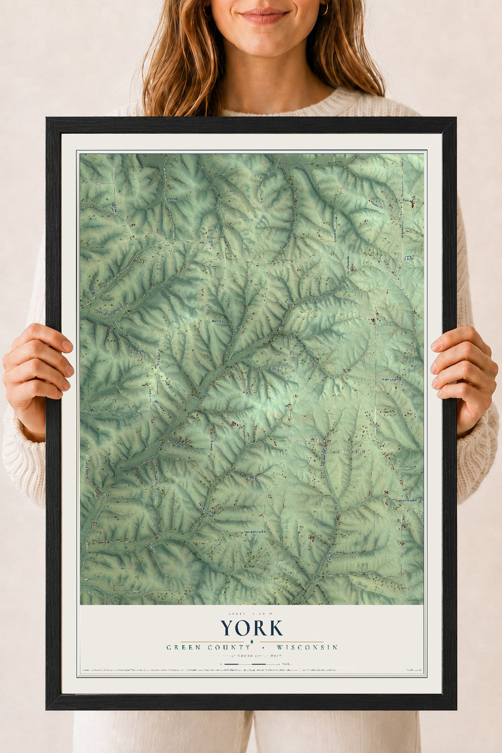 Map of York, Green County, Wisconsin, 18 x 24 inch print in a black wood frame