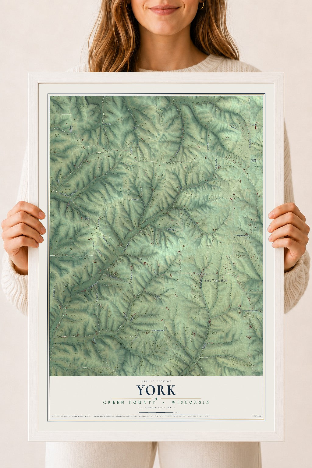 Map of York, Green County, Wisconsin, 18 x 24 inch print in a white wood frame
