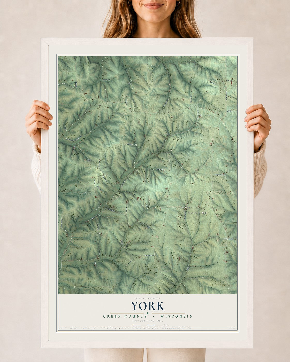 Map of York, Green County, Wisconsin, 24 x 36 inch print in a white wood frame