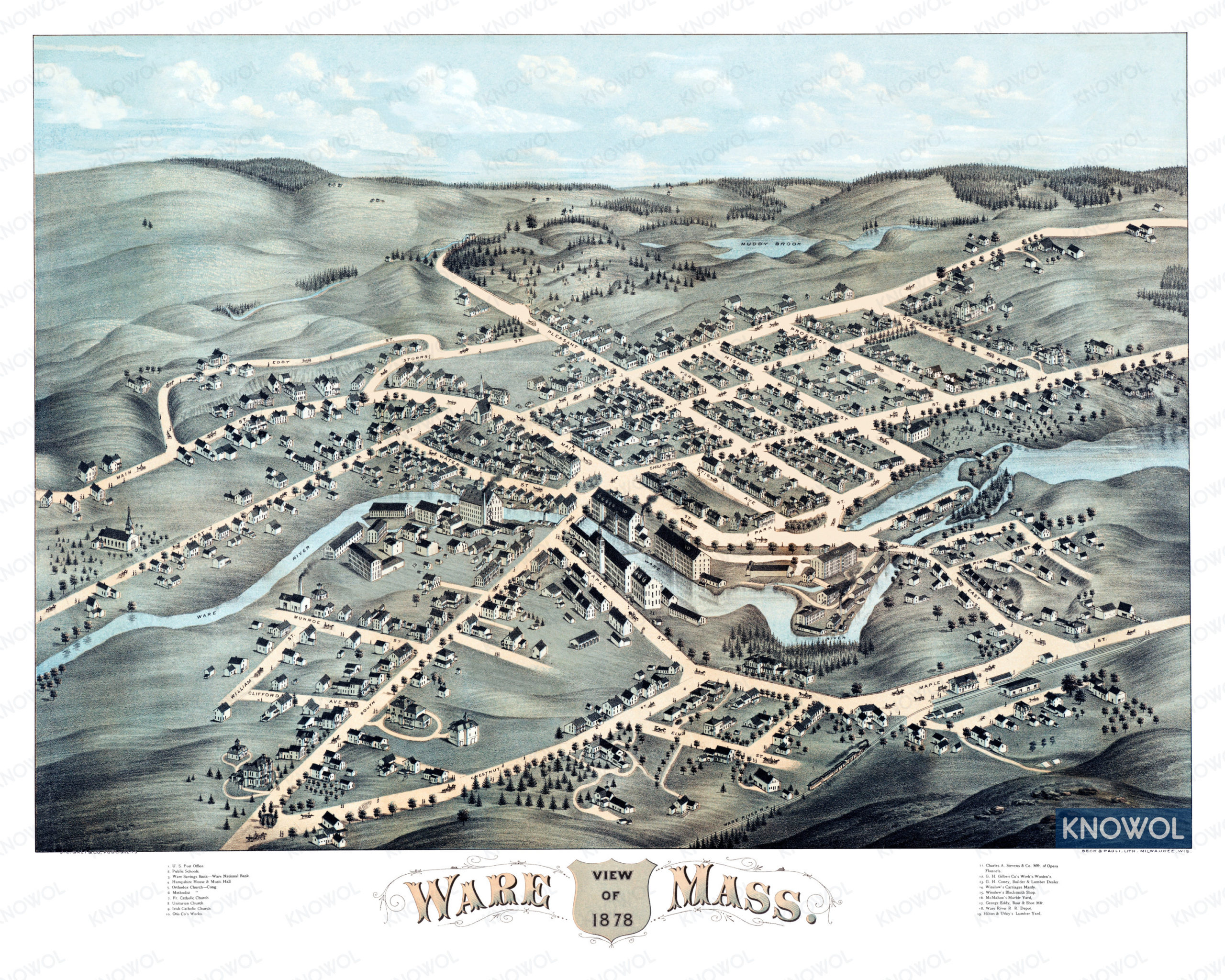 Restored map of Ware, Massachusetts from 1878
